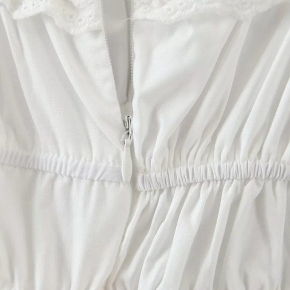 White Puff Sleeve Square Neck Dress with Lace and Ruffle Detail - Picture 12 of 16